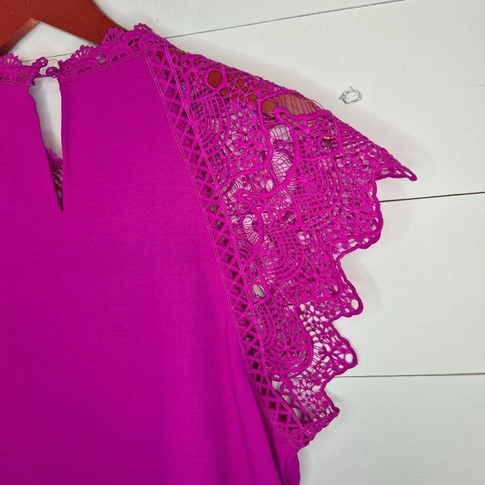 Rain Womens Fuchsia Crochet Lace Cap Sleeve Blouse L - Picture 5 of 7
